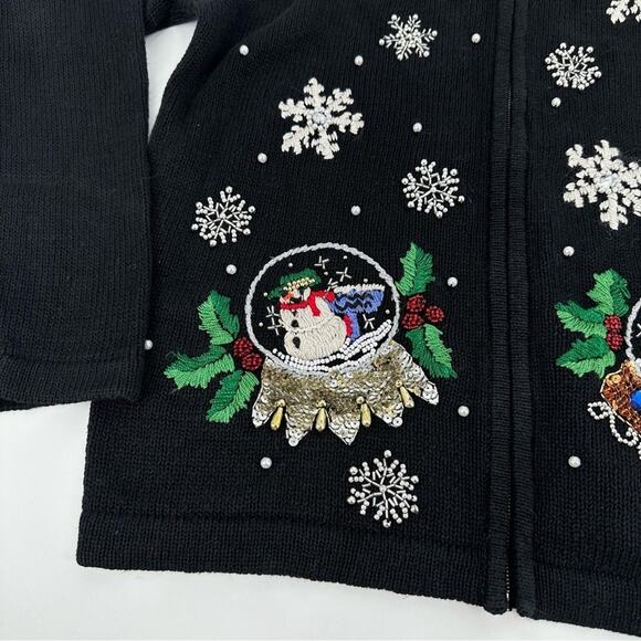 VINTAGE Christmas Sweater Snowglobe Snowflake Zip Up Cotton Medium Ugly Black - Picture 2 of 9